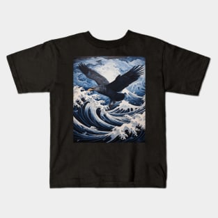 Funny Raven Art The great wave off Kanagawa Japanese Kids T-Shirt